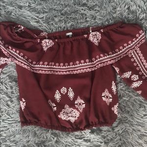 Patterned, off the shoulder cute top, cropped.